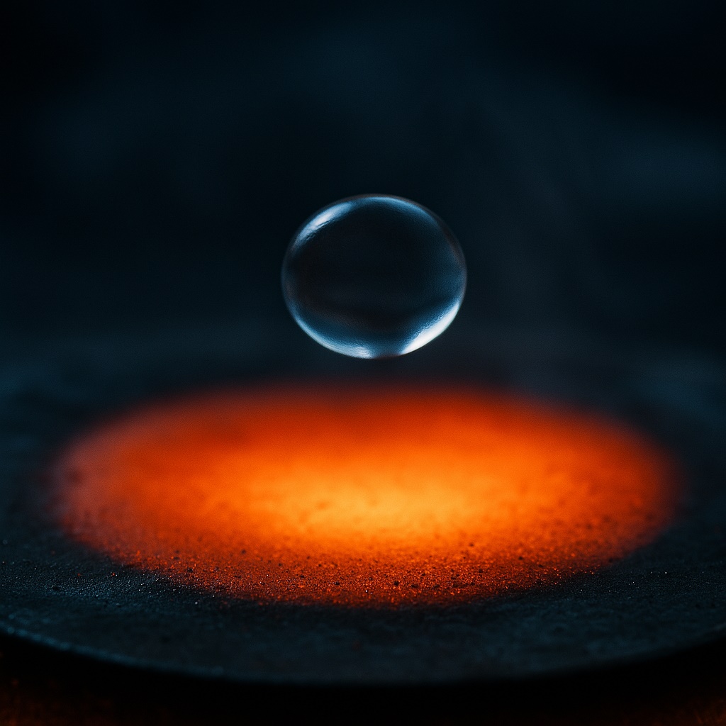 Figura 1: Representación del efecto Leidenfrost: una gota levita sobre una capa de vapor al tocar una superficie sobrecalentada.