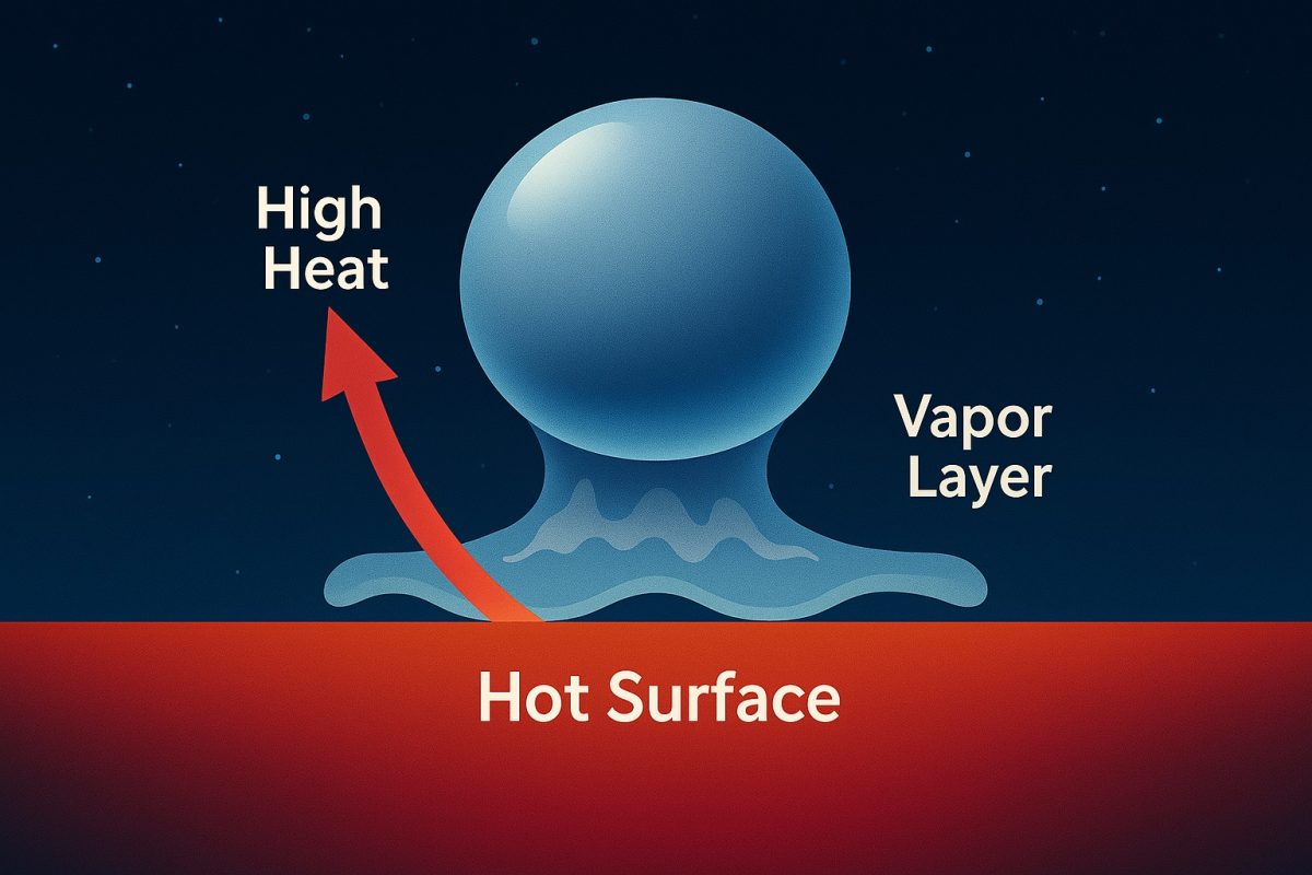 Figura 2: Esquema técnico del efecto Leidenfrost: una gota de líquido levita sobre una capa de vapor generada al contacto con una superficie sobrecalentada, reduciendo la transferencia térmica directa.