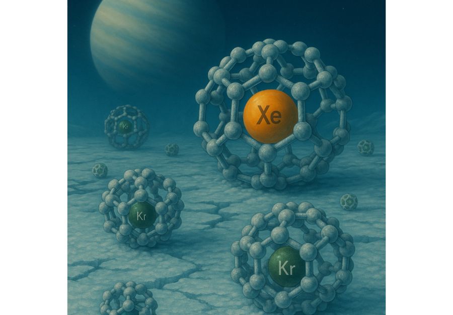 Figura 1. Representación de clatratos formados en atmósferas criogénicas de gigantes gaseosos. Las estructuras tipo jaula, compuestas por moléculas de agua congelada, encapsulan átomos de gases nobles como xenón, kriptón o argón mediante interacciones de dispersión, sin enlaces químicos directos.