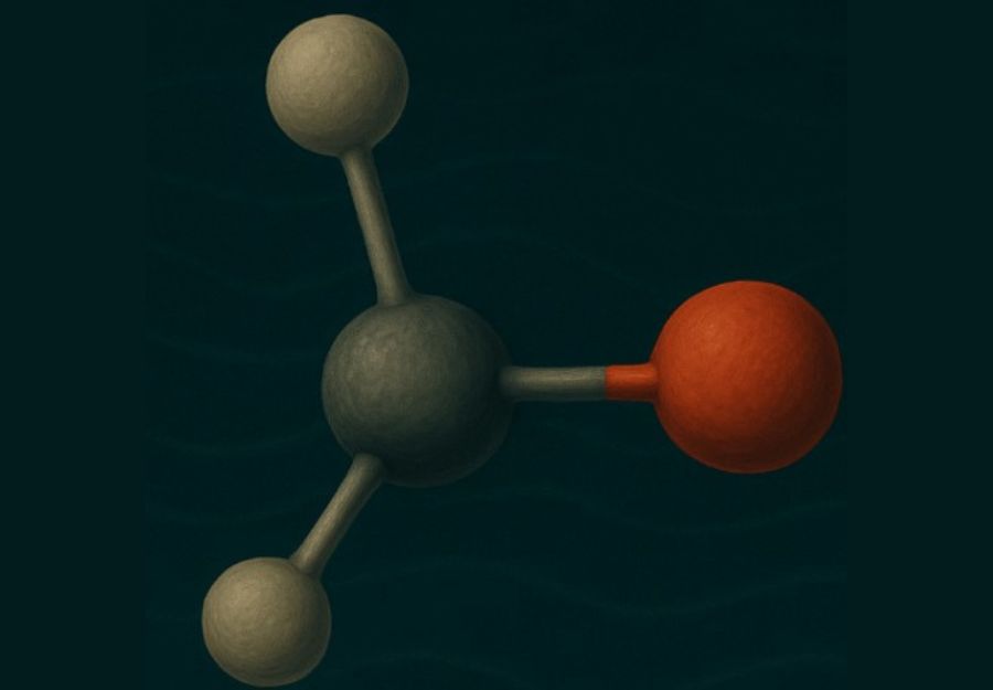 Figura 1. Modelo molecular del radical formilo (HCO), con la geometría y distribución electrónica característica observada en ambientes interestelares. Representado en condiciones de vacío cuántico, este radical exhibe un electrón desapareado que permanece sin reaccionar debido a la baja densidad de partículas y las temperaturas cercanas al cero absoluto.