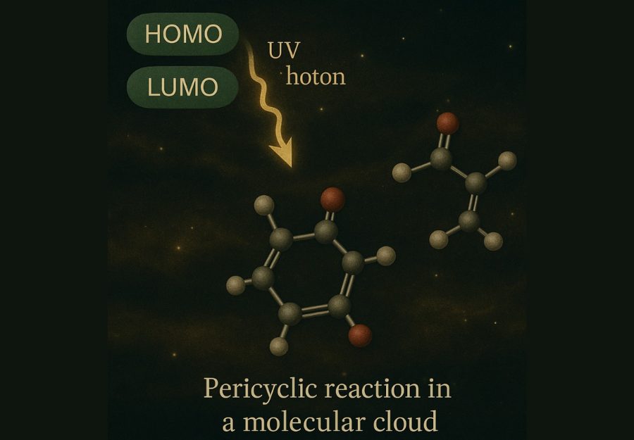 Figura 1. Ilustración científica de una reacción pericíclica iniciada por fotones UV en una nube molecular interestelar.