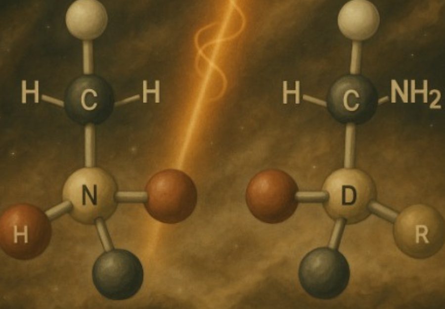 Figura 1. Representación tridimensional de dos enantiómeros de un aminoácido, L y D, iluminados por un haz de luz polarizada circularmente en un entorno cósmico.