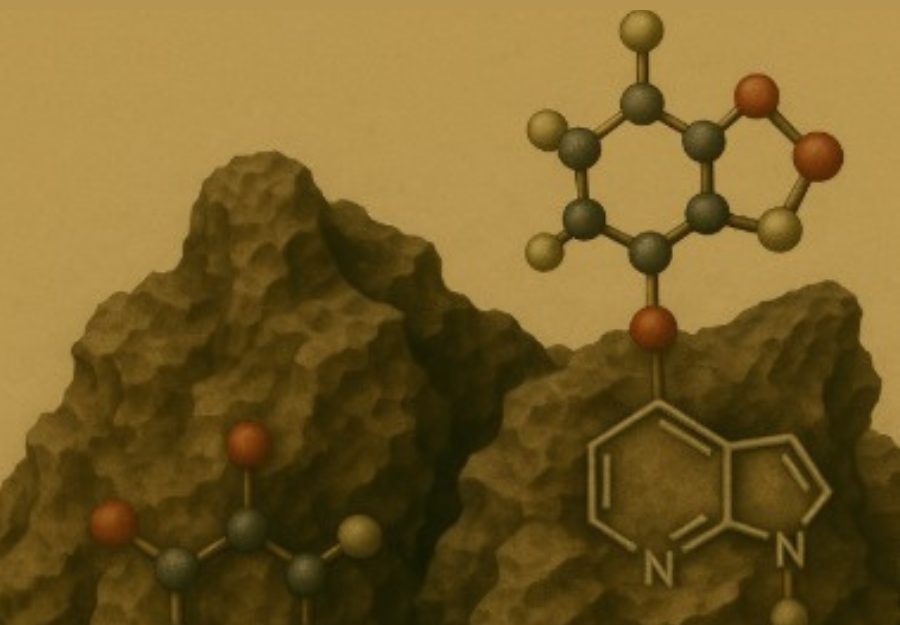 Figura 1. Ilustración científica realista de un entorno mineral fractal con arcillas hidratadas, representando una superficie catalíticamente activa sobre la cual se forman espontáneamente moléculas prebióticas como azúcares y nucleótidos.