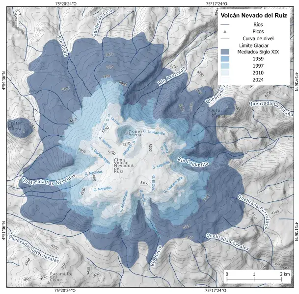 Figura 2: Evolución de la extensión glaciar del Nevado del Ruiz desde mediados del siglo XIX hasta 2024, IDEAM (2024).