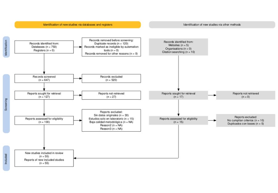 Figura 1. Ejemplo de diagrama PRISMA 2020. Elaborado con la herramienta PRISMA ShinyApp (Haddaway et al., 2022)
