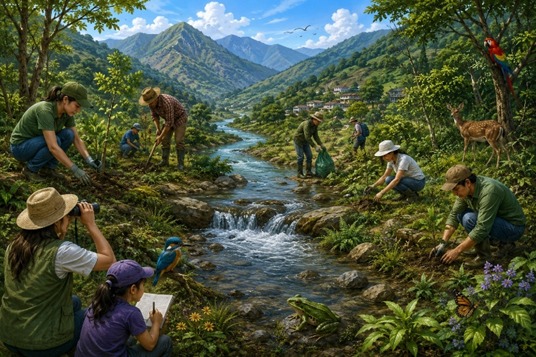 Figura 1. Ilustración de acciones de conservación y restauración ecológica en una cuenca hidrográfica de montaña, imagen generada mediante inteligencia artificial (IA).