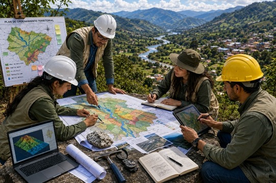 Figura 4. Representación de un equipo técnico realizando planificación y análisis territorial en una cuenca hidrográfica, imagen generada mediante inteligencia artificial (IA).