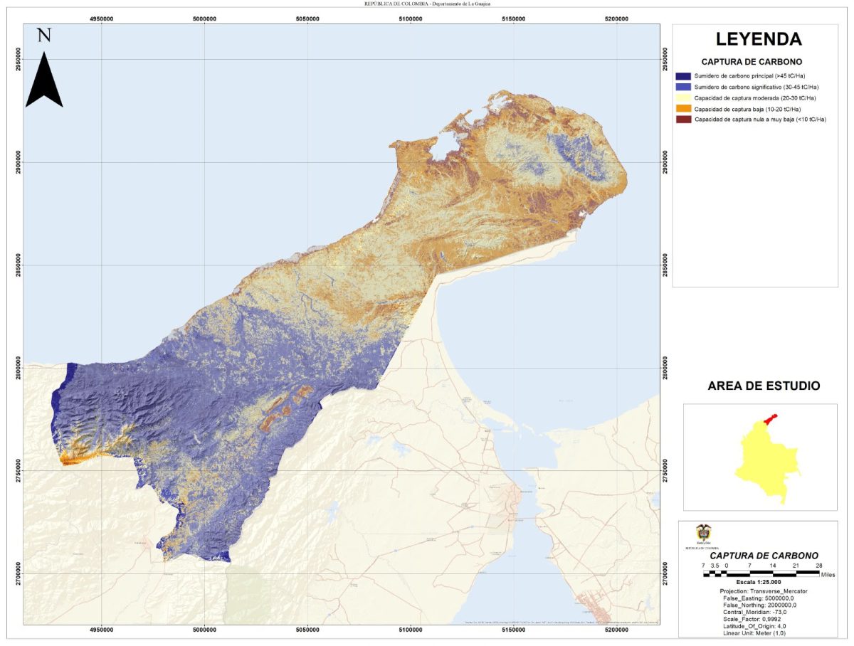 Figura 4. Estimación final de Captura de Carbono (tC/ha). Zonas en azul oscuro representan los sumideros más viables para proyectos climáticos.